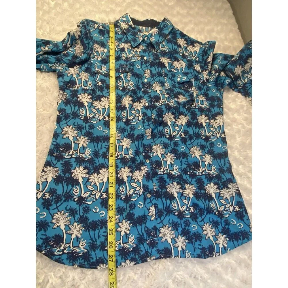 Roper Women's Blue Palm Tree Horseshoes rodeo ready Pearl Snap Western Shirt M - Picture 9 of 10